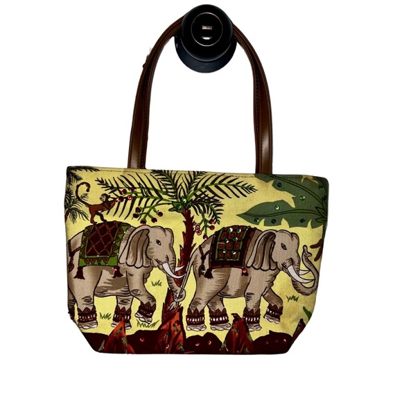 Elephant Safari Jungle Purse Handbag Sequins Beads Yellow Green Monkeys African - Picture 1 of 4
